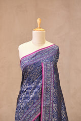 Navy Blue Jamdani Semi Silk Saree with Floral Jaal