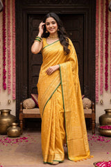 Yellow Jamdani Semi Silk Saree with Floral Jaal
