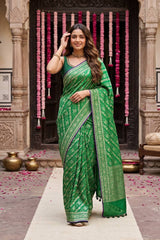 Rama Green Jamdani Semi Silk Saree with Leheriya Pattern