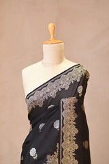 Black Viscose Silk Saree with Gold and Silver Zari Floral Buta