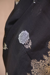 Black Viscose Silk Saree with Gold and Silver Zari Floral Buta
