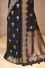 Black Viscose Silk Saree with Gold and Silver Zari Floral Buta