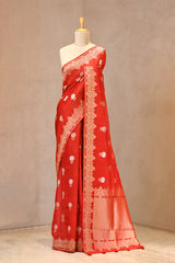 Red Viscose Silk Saree with Gold and Silver Zari Floral Buta