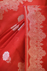 Red Viscose Silk Saree with Gold and Silver Zari Floral Buta