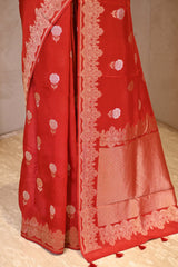 Red Viscose Silk Saree with Gold and Silver Zari Floral Buta