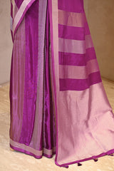 Purple Viscose Silk Saree with Gold and Silver Tissue Stripes