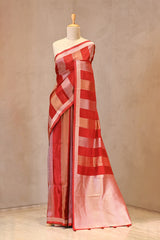 Red Viscose Silk Saree with Gold and Silver Tissue Stripes