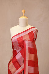 Red Viscose Silk Saree with Gold and Silver Tissue Stripes