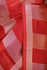 Red Viscose Silk Saree with Gold and Silver Tissue Stripes
