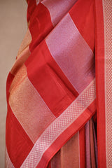 Red Viscose Silk Saree with Gold and Silver Tissue Stripes