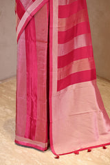 Pink Viscose Silk Saree with Gold and Silver Tissue Stripes
