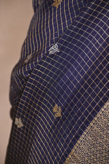 Blue Viscose Silk Saree with Checks and Floral Buti