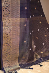 Blue Viscose Silk Saree with Checks and Floral Buti