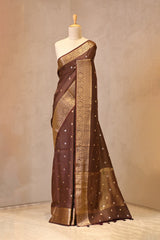 Brown Viscose Silk Saree with Checks and Floral Buti