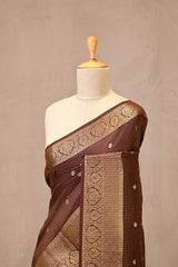 Brown Viscose Silk Saree with Checks and Floral Buti