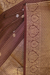 Brown Viscose Silk Saree with Checks and Floral Buti