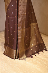 Brown Viscose Silk Saree with Checks and Floral Buti