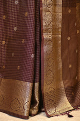 Brown Viscose Silk Saree with Checks and Floral Buti