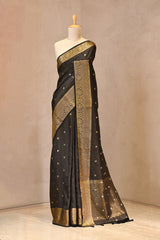 Black Viscose Silk Saree with Checks and Floral Buti