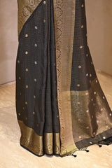 Black Viscose Silk Saree with Checks and Floral Buti