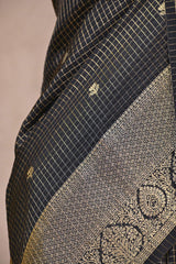 Black Viscose Silk Saree with Checks and Floral Buti