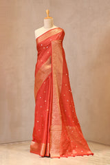 Red Viscose Silk Saree with Checks and Floral Buti