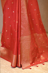 Red Viscose Silk Saree with Checks and Floral Buti