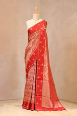 Red Viscose Saree with Gold Wave Texture And Gold Zari Pakshi Motif