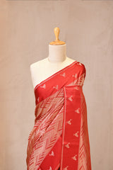 Red Viscose Saree with Gold Wave Texture And Gold Zari Pakshi Motif