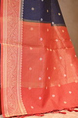 Blue Viscose Silk Saree with Zari Checks and Sona-Rupa Buti