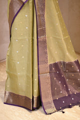 Sage Green Viscose Silk Saree with Sona-Rupa Floral Buti and Zari Checks