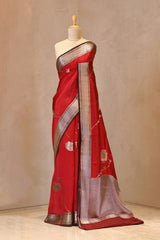 Deep Red Semi Silk Saree with Silver Zari Floral Leheriya