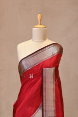 Deep Red Semi Silk Saree with Silver Zari Floral Leheriya