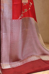 Deep Red Semi Silk Saree with Silver Zari Floral Leheriya