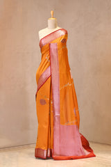 Yellow Semi Silk Saree with Silver Zari Floral Leheriya