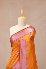 Yellow Semi Silk Saree with Silver Zari Floral Leheriya