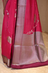 Pink Semi Silk Saree with Silver Zari Floral Leheriya