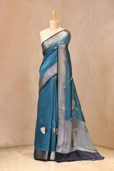 Blue Semi Silk Saree with Silver Zari Floral Leheriya