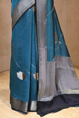 Blue Semi Silk Saree with Silver Zari Floral Leheriya