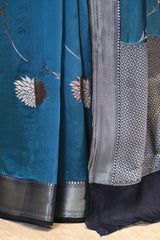 Blue Semi Silk Saree with Silver Zari Floral Leheriya