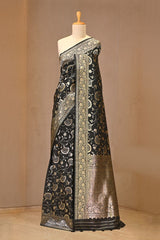 Black Semi Tusser Silk Saree with Watergold Zari Floral Jaal