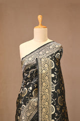 Black Semi Tusser Silk Saree with Watergold Zari Floral Jaal