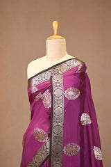 Magenta Purple Viscose Silk Saree with Watergold Zari Paisley Buta