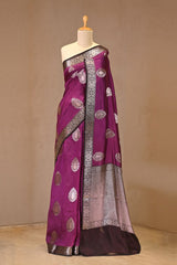 Magenta Purple Viscose Silk Saree with Watergold Zari Paisley Buta