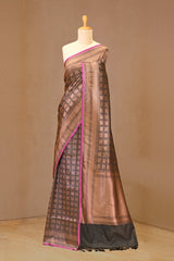 Black Soft Silk Saree with Antique Zari Brocade and Floral Border