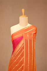 Pink Viscose Silk Saree with Gold Zari Stripes
