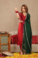 Bridal Red Banarasi Silk Suit Set with Hand Work Kurta and Contrast Organza Dupatta