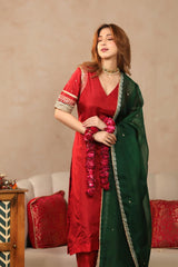 Bridal Red Banarasi Silk Suit Set with Hand Work Kurta and Contrast Organza Dupatta