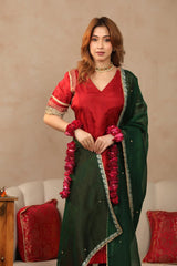 Bridal Red Banarasi Silk Suit Set with Hand Work Kurta and Contrast Organza Dupatta