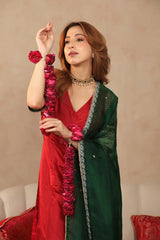 Bridal Red Banarasi Silk Suit Set with Hand Work Kurta and Contrast Organza Dupatta